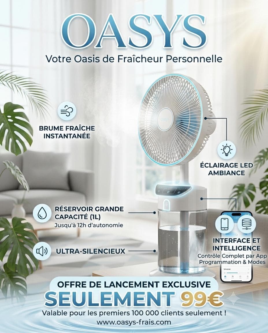 Fiche produit OASYS : hélice avec brume visible, réservoir transparent d’un litre, panneau de commande rétroéclairé et pilotage par application